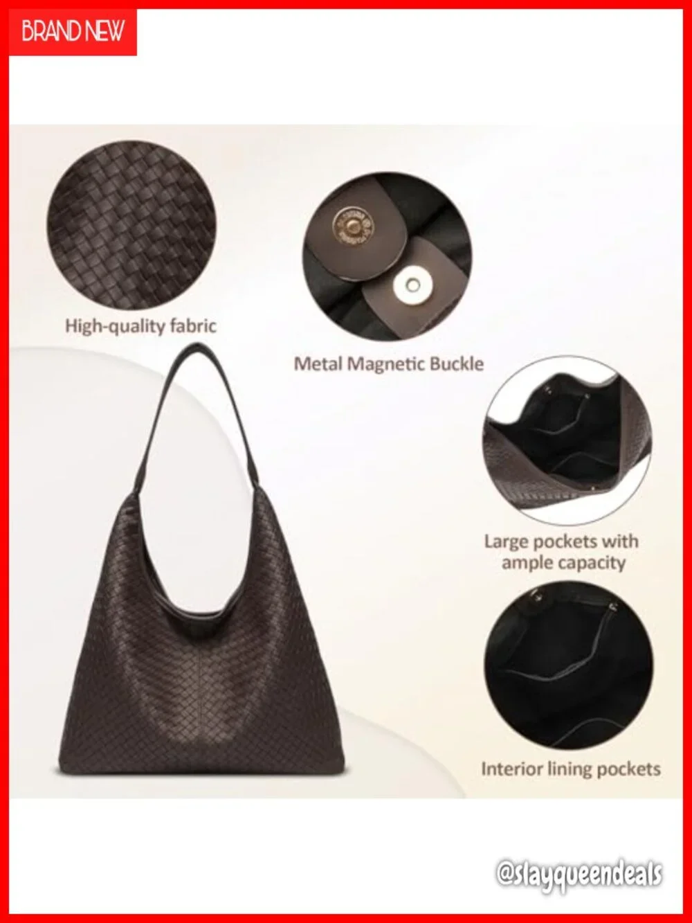 Large Woven Vegan Leather Hobo Tote Bag Slouchy Shoulder Purse